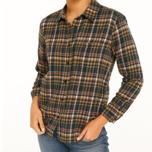 Pact Fireside Flannel Button Front Shirt Navy/Yellow Plaid Women’s Size M